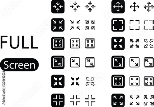 Maximize icon logo design Full Screen Arrow and Exit Screen Icons Black Silhouette flat line set. Minimalist with arrows pointing outward, representing zoom or expand functions in digital interfaces