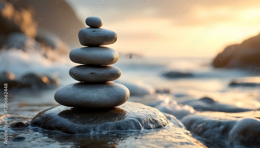 zen, stones, tall, stack, irregular, shapes, rugged, textures, smooth, rock, seashore, wet, waves, gentle, washing, reflections, soft, goldenhour, sunlight, warm, hyperrealistic, detail, serene