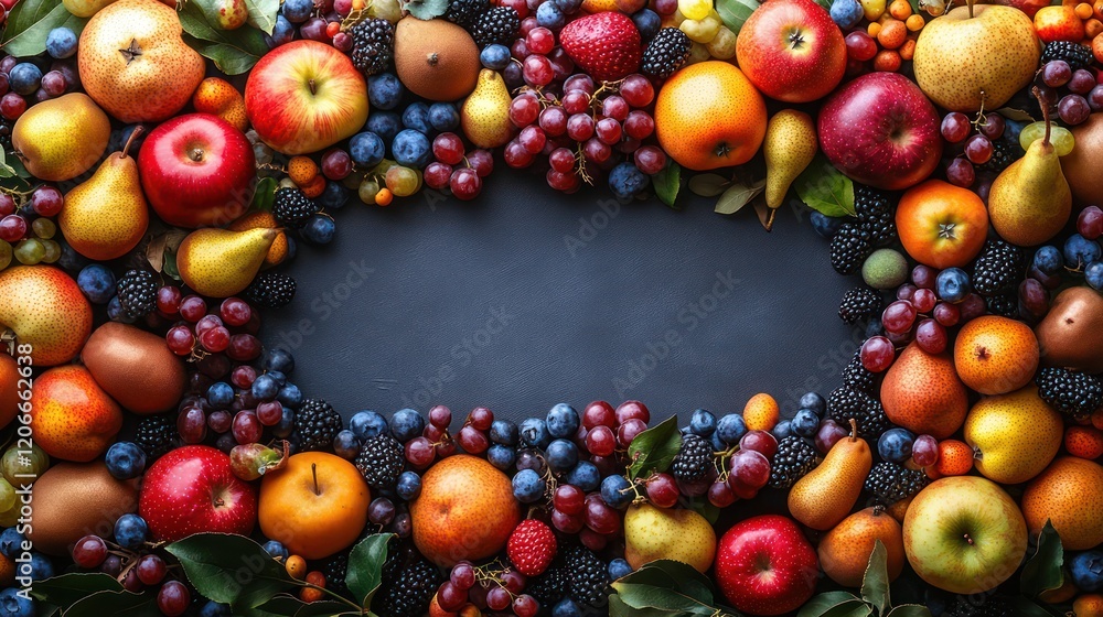 A Bountiful Harvest: A vibrant array of fresh fruits forming a captivating frame against a dark background. A Bountiful Harvest: A vibrant array of fresh fruits forming a captivating frame against a dark background.