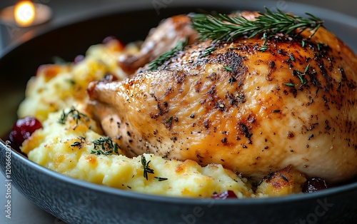 Roasted chicken with mashed potatoes and cranberry sauce.