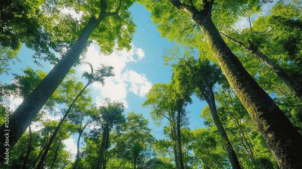 Fototapeta premium Bottom-up view green forest canopy. Climate change. Natural green biodiversity ecosystem background