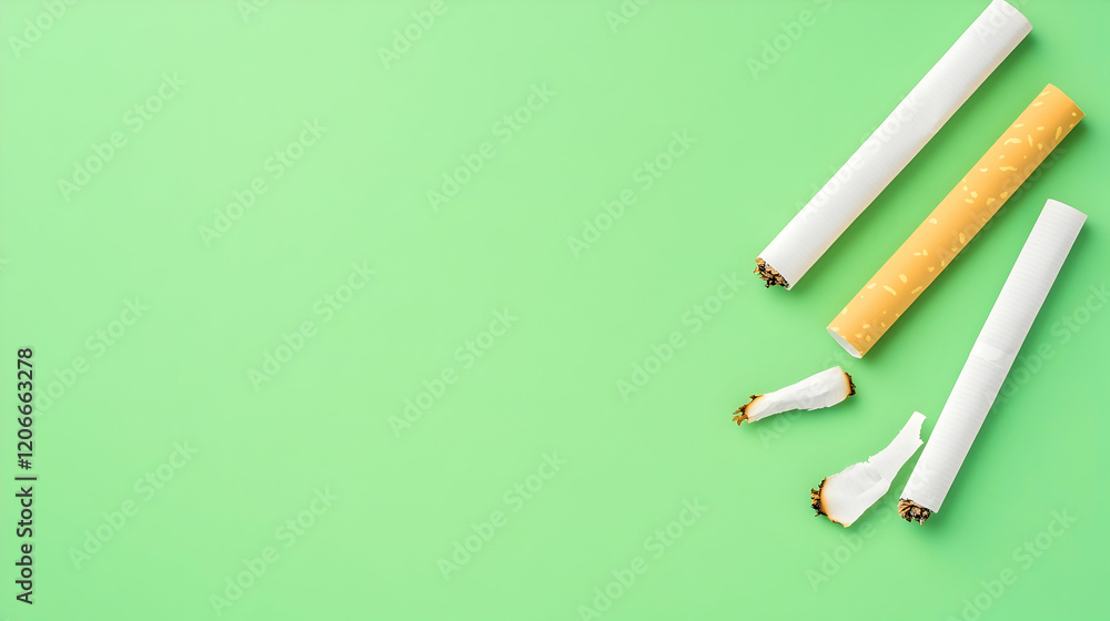 Obraz premium Quitting smoking broken cigarettes on green background, stop smoking campaign