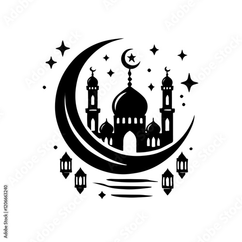 Mosque Silhouette with Crescent Moon: Elegant black and white illustration featuring a majestic mosque nestled within a crescent moon, adorned with twinkling stars and traditional lanterns.