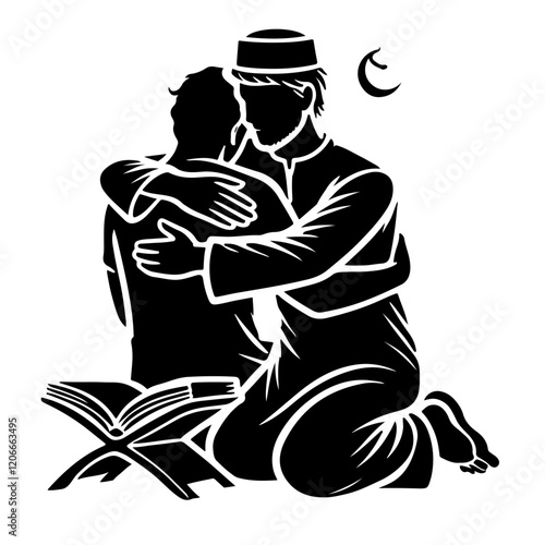 Brotherly Embrace: A powerful silhouette depicting two Muslim men embracing, kneeling beside an open Quran, symbolizing faith, brotherhood, and spiritual connection.