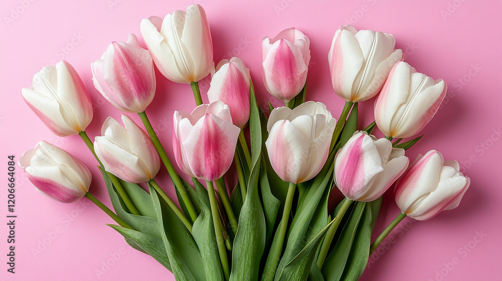 bouquet of pink and white tulips on a pink background bouquet of pink and white tulips on a pink background