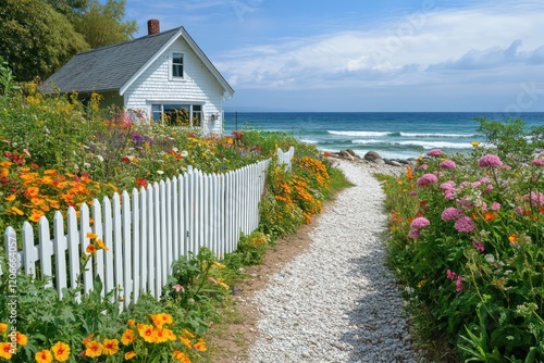 Sunny seaside cottage with a white picket fence and a path leading down to the beach, surrounded by vibrant flowers and the sound of waves crashing on the shore. photo