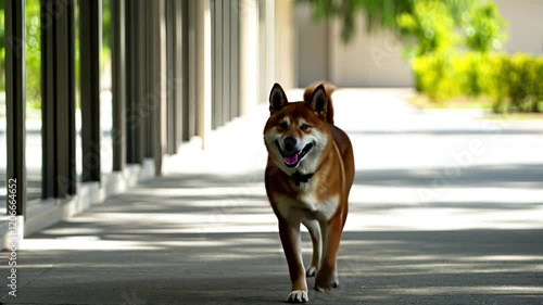 Beautiful Shiba Inu Dog Walking in Modern Architectural Corridor with Natural Sunlight - Happy and Confident Pet Strolling in Urban Outdoor Setting with Greenery and Glass Reflections