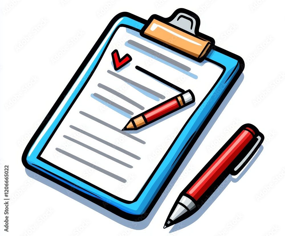 Checklist clipboard with pen and pencil, showing completed task. Checklist clipboard with pen and pencil, showing completed task.