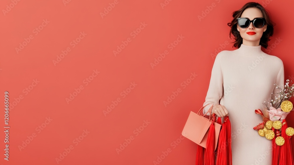 Stylish Woman in Sunglasses with Shopping Bags Against a Red Background Stylish Woman in Sunglasses with Shopping Bags Against a Red Background