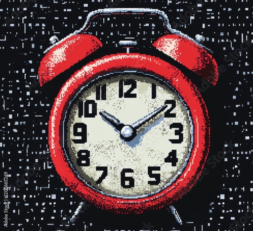 Red retro alarm clock on digital background. photo