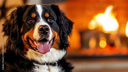 Happy Bernese Mountain Dog Relaxing by Cozy Fireplace in Warm Indoor Setting - Fluffy Tricolor Pet Enjoying Comfort and Tranquility with Glowing Firewood Ambiance