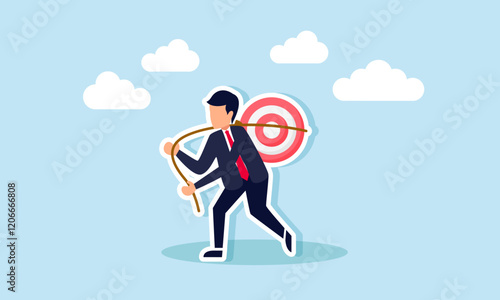 A businessman carrying a target board on his back, tied with a rope, illustration of responsibility in achieving business targets