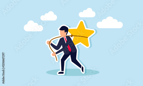 A businessman carrying a trophy on his back, tied with a star, illustration of responsibility in maintaining business quality