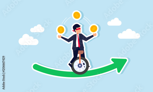 A businessman performing a circus act on a rising green graph by ride a unicycle blindfolded while juggling dollar coins, illustration of business capital risks taken to increase revenue