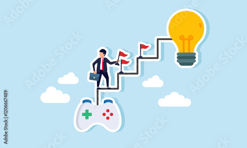 A businessman holding a flag climbing a ladder that connects a joystick to a light, with a flag on each step, illustration of a business game to implement ideas and innovations