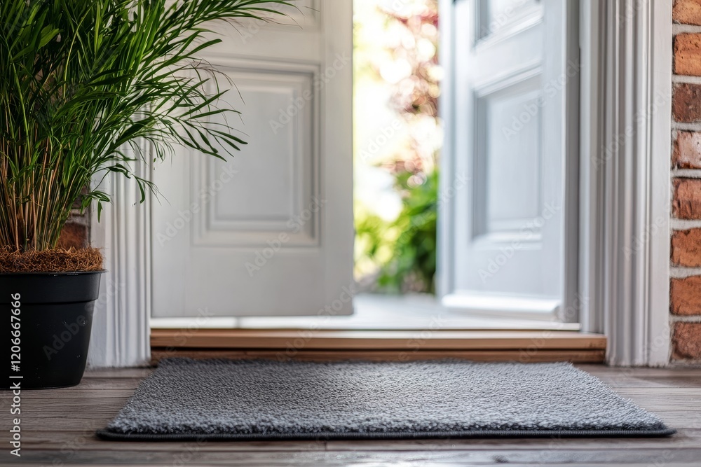 Fototapeta premium Gray doormat on hardwood floor near open door and potted plant.