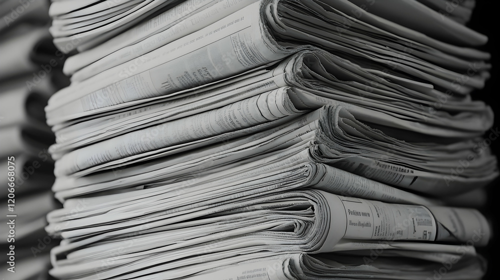 Stack of newspapers, newsroom, printing press, information, media, background blur, for news, media, or archive concepts Stack of newspapers, newsroom, printing press, information, media, background blur, for news, media, or archive concepts