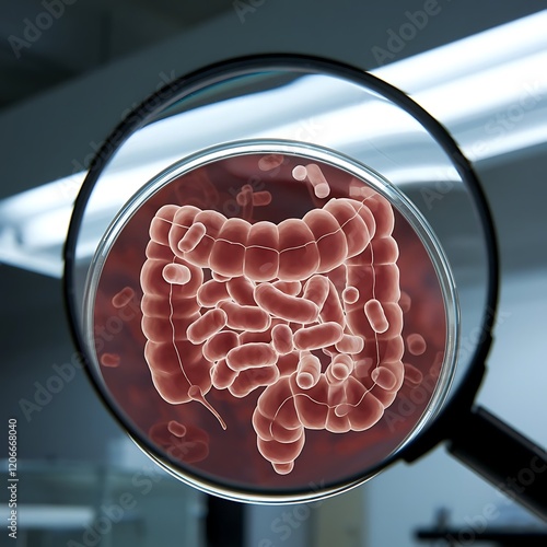 The concept of intestine disease is being studied using a magnifying glass in the field of gastroenterology. photo