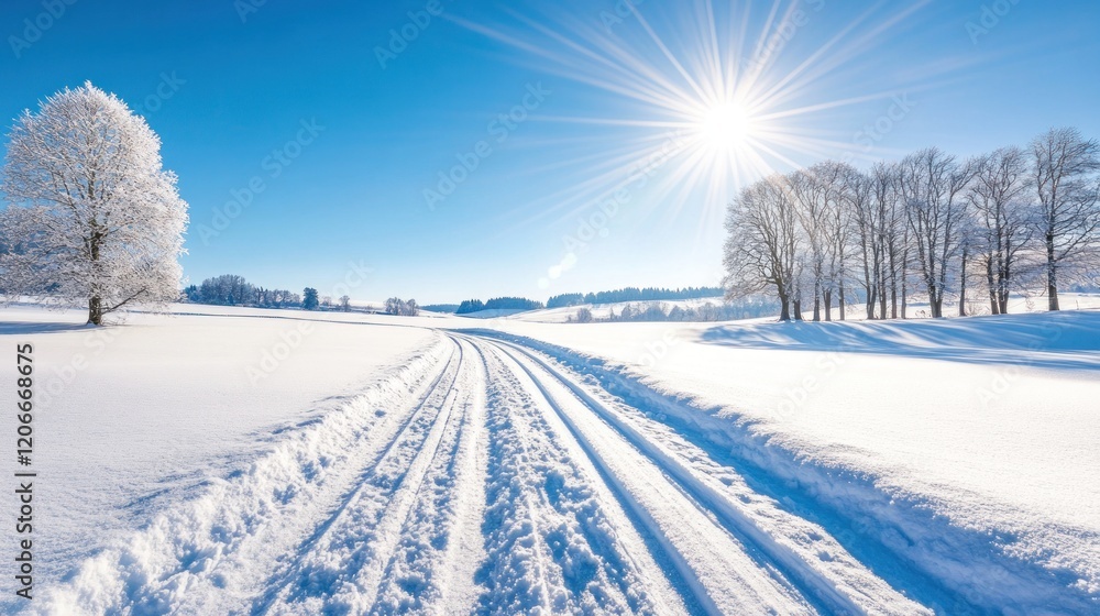 Fototapeta premium Winter Wonderland: Sunlit Snow-Covered Path