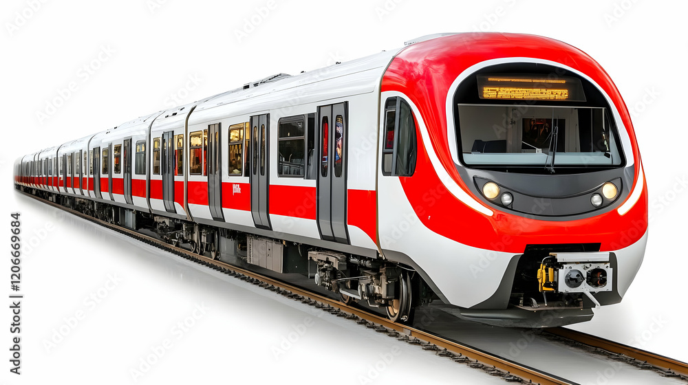 Fototapeta premium Modern red train on tracks, isolated