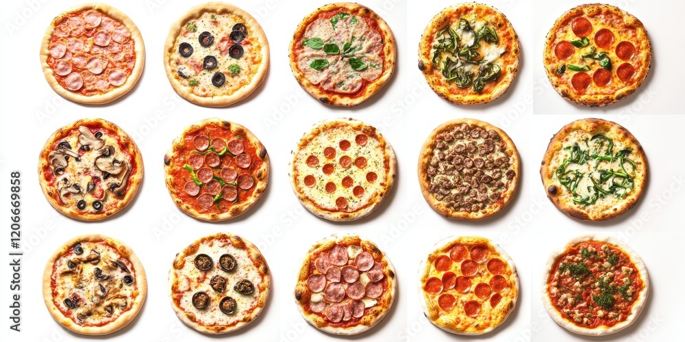 A collection of different pizza each with unique toppings displayed in a neat grid against a white background A collection of different pizza each with unique toppings displayed in a neat grid against a white background
