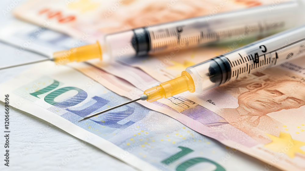Syringes on Euro banknotes; healthcare costs; financial burden of medicine