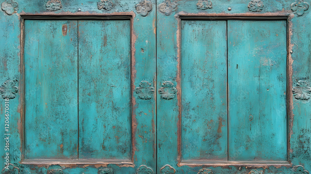 Teal wooden double doors, weathered texture, Asian-style detail, background blur; ideal for design Teal wooden double doors, weathered texture, Asian-style detail, background blur; ideal for design
