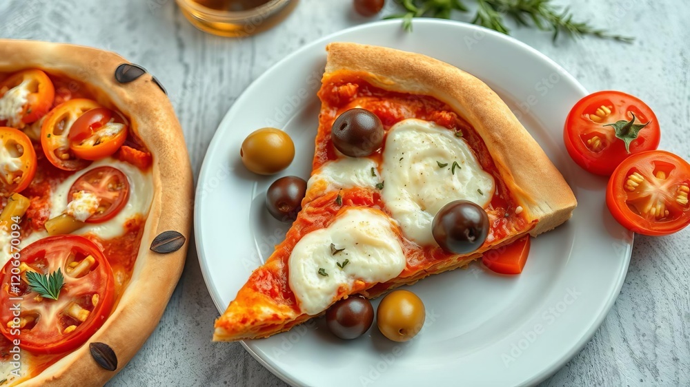 Young female blogger with long blonde hair enjoying a delicious slice of pizza on a vibrant yellow background, happy, peppers Young female blogger with long blonde hair enjoying a delicious slice of pizza on a vibrant yellow background, happy, peppers