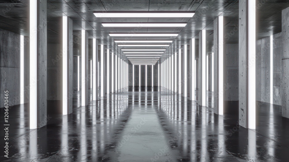 Futuristic concrete corridor, glowing lights, reflective floor, empty space, architectural rendering Futuristic concrete corridor, glowing lights, reflective floor, empty space, architectural rendering