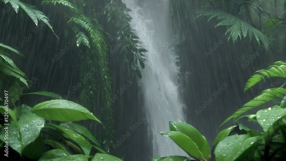 Naklejka premium Scenic waterfall visible through vibrant foliage.