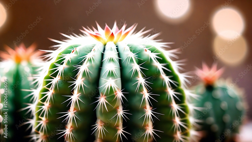 Macro of a spiky green cactus with small orange flower. Macro of a spiky green cactus with small orange flower.