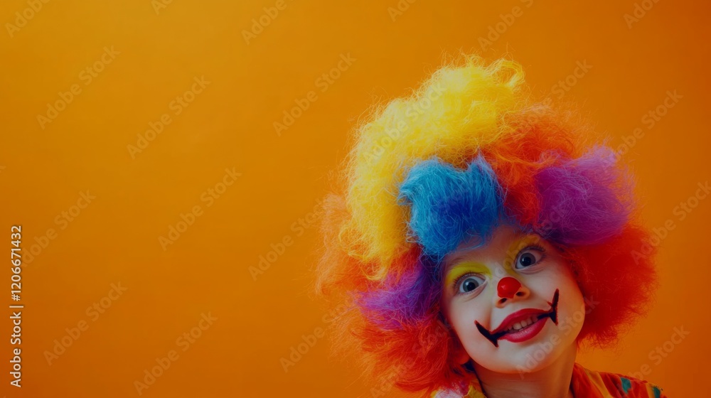 A child with multicolored wig and clown makeup poses on a solid orange background A child with multicolored wig and clown makeup poses on a solid orange background