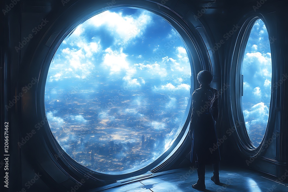 Woman gazing at futuristic cityscape from spaceship window. Woman gazing at futuristic cityscape from spaceship window.