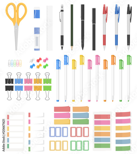 文房具のセット、はさみ、ペン、鉛筆、のり、消しゴム、クリップ、付箋、定規