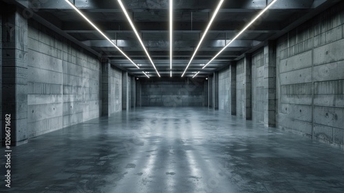 Industrial Concrete Hallway, Lit, Empty, Reflective Floor, Modern Architecture, Background Use