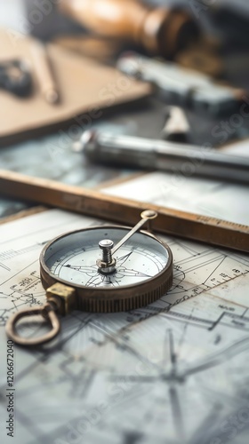 Vintage compass on a map with other navigational tools.
