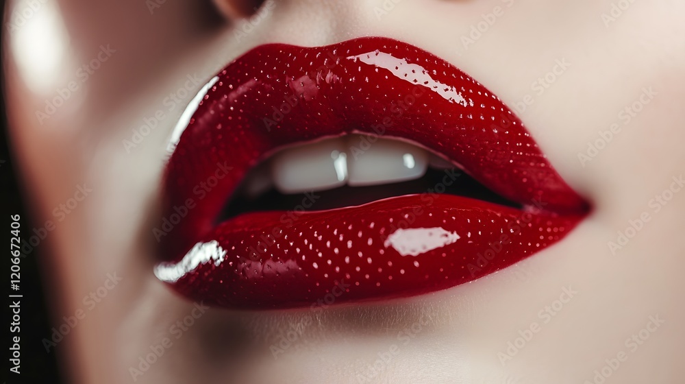 Fototapeta premium Closeup of glossy red lips with perfect teeth