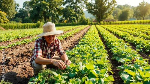 Lush field of fresh greens being cultivated by farmers in a sunlit setting, highlighting sustainable agriculture and hard work, farmer, sunlit photo