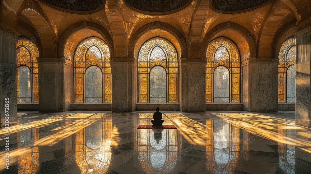 Obraz premium Golden Hour Serenity: A Person Meditating in a Majestic Hall