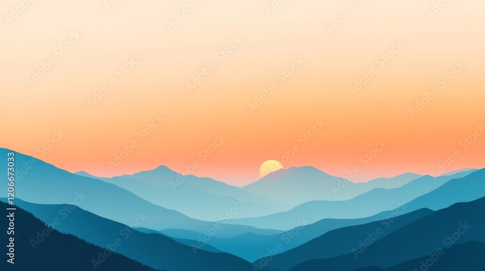Fototapeta premium A tranquil sunrise over mountains gradient background.featuring soft oranges and blues.highlighting the peaceful start of the day.Ideal for nature blogs, travel promotions, and serene visuals
