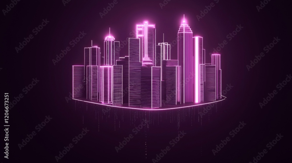Fototapeta premium Neon City Skyline in a Futuristic Style with Glowing Lights and Dramatic Contrast Against Dark Background for Technology and Urban Themes