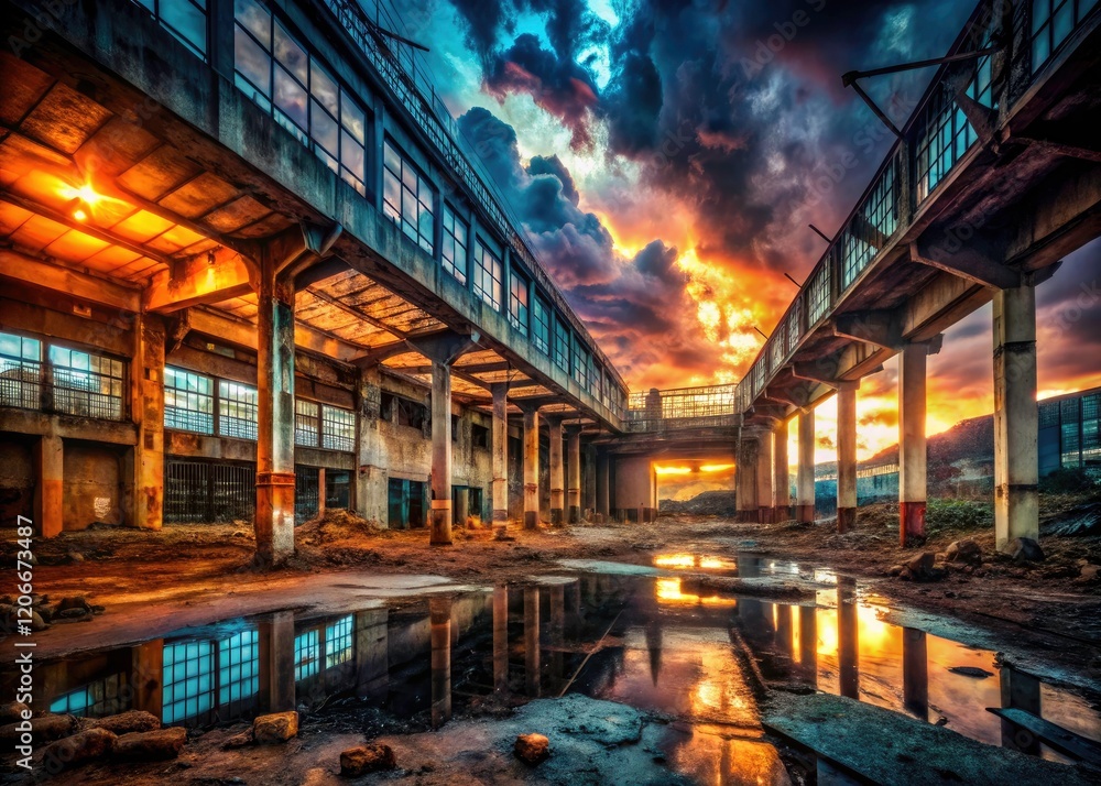 Dark, decaying industrial ruin awaits; rust whispers pre-storm calm in urban exploration photography. Dark, decaying industrial ruin awaits; rust whispers pre-storm calm in urban exploration photography.