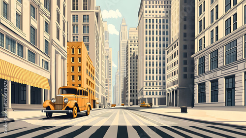 Vintage car on a sunny city street, tall buildings, background suggesting 1930s New York, ideal for travel brochures photo