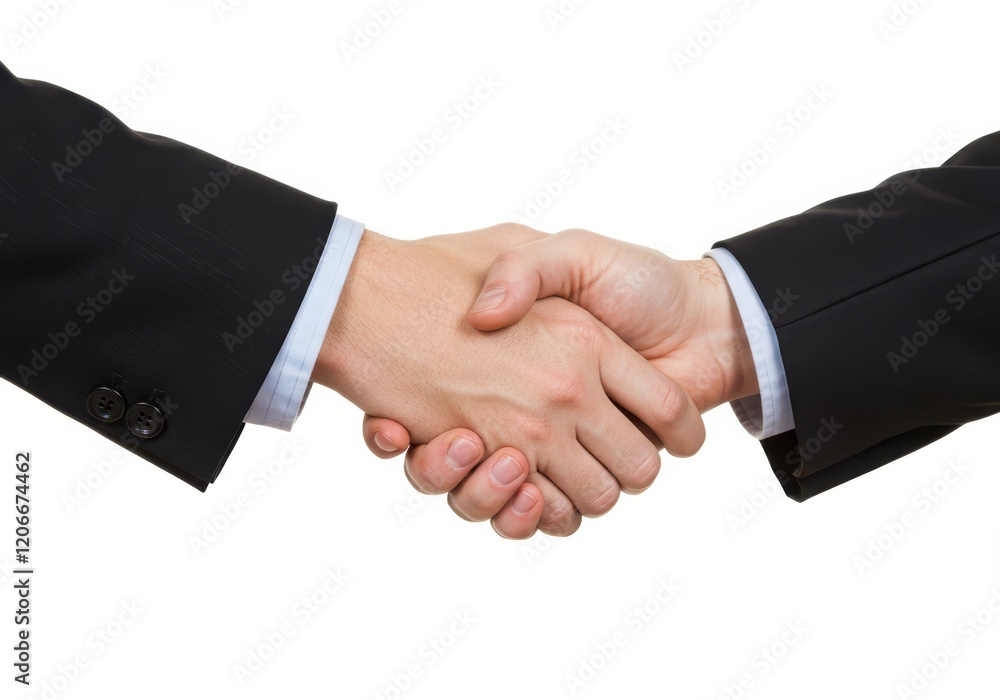 A close-up of a handshake between two individuals wearing formal suits, symbolizing agreement and professionalism isolated on white background A close-up of a handshake between two individuals wearing formal suits, symbolizing agreement and professionalism isolated on white background