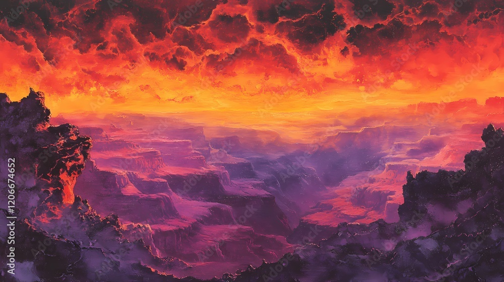 Fototapeta premium Breathtaking View of a Colorful Canyon at Sunset with Dramatic Clouds and Rich Colors, Perfect for Nature Enthusiasts and Landscape Photography Lovers