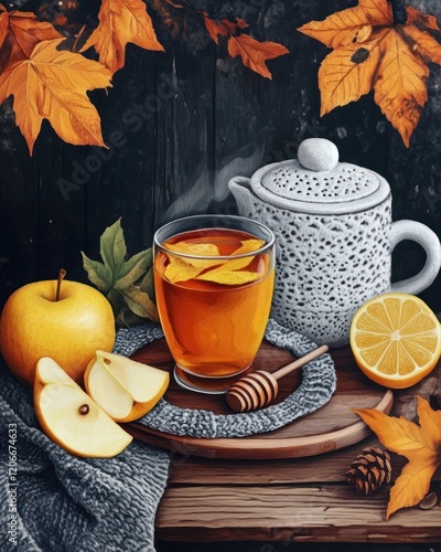 Autumnal Tea, Cozy Drink, Wooden Table, Fall Leaves, Honey photo