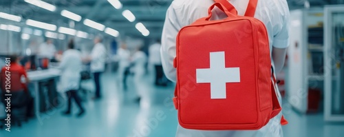 A person in a white coat holds a red medical backpack with a white cross, set in a clinical environment with other professionals in the background. photo