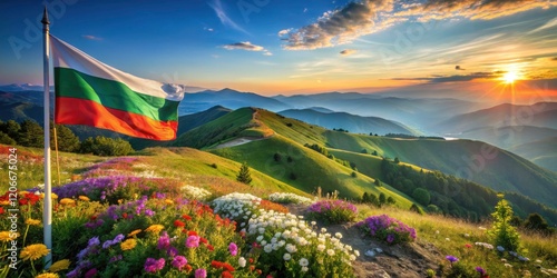 Discover Bulgaria's picturesque landscape: majestic mountains, rolling hills, and breathtaking scenery framed by iconic triangular flags. photo