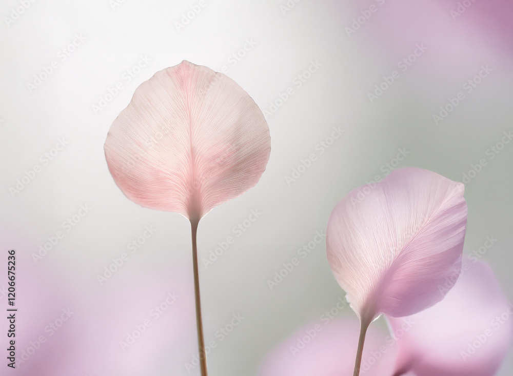 Fototapeta premium Two delicate, pale pink petals on slender stems stand out against a soft, blurred background of similar hues. The image evokes a sense of serenity and gentle beauty.
