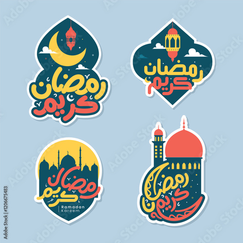 Set of ramadan sticker or label design with arabic calligraphy means generous holiday vector illustration